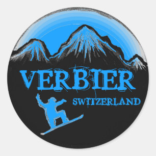 Verbier Switzerland blue snowboard stickers