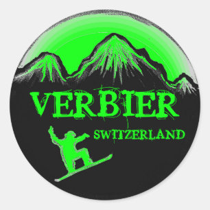 Verbier Switzerland green snowboard stickers