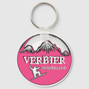 Verbier Switzerland pink snowboarder keychain