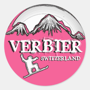 Verbier Switzerland pink snowboarder stickers