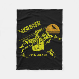 Verbier Switzerland Retro Skiing Tee Fleece Blanket
