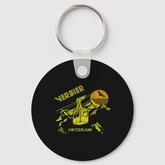 Verbier Switzerland Retro Skiing Tee  Key Ring (Front)