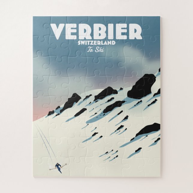 Verbier Switzerland ski travel poster art print. Jigsaw Puzzle (Vertical)