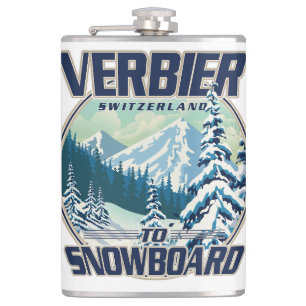 Verbier Switzerland Snowboard Travel logo Hip Flask