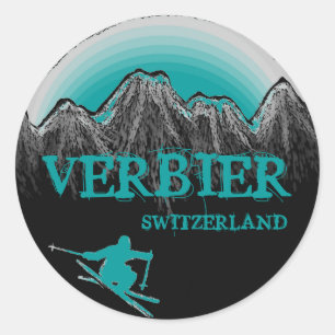 Verbier Switzerland teal skier stickers