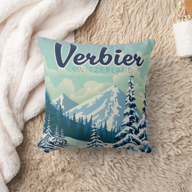 Verbier Switzerland Travel poster Cushion (Blanket)