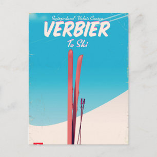 Verbier, Switzerland vintage ski travel poster. Postcard
