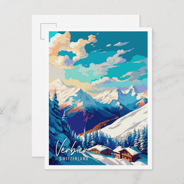 Verbier Switzerland vintage travel illustration Postcard (Front/Back)