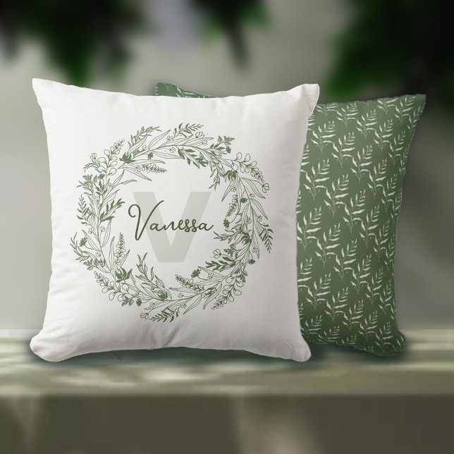 Verdant Botanical Greenery Monogram V Cushion (Creator Uploaded)