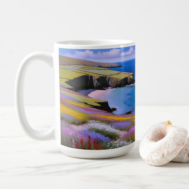 Verdant Cliffs and Azure Waves Coffee Mug (With Donut)