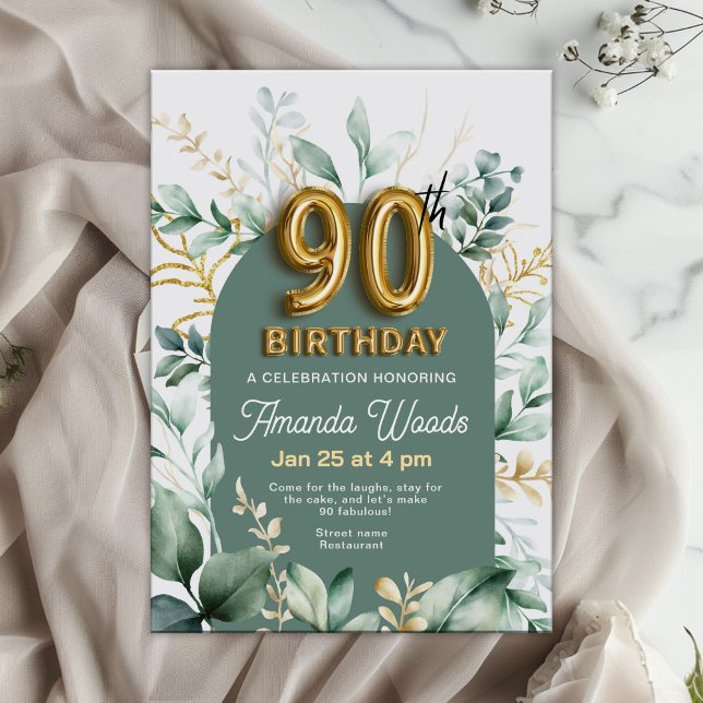 Verdant Floral Gold 90th Birthday Invitation (Creator Uploaded)