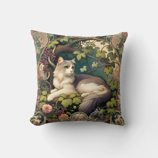 Verdant Vineyard Art Nouveau Cat Pillow (Front)