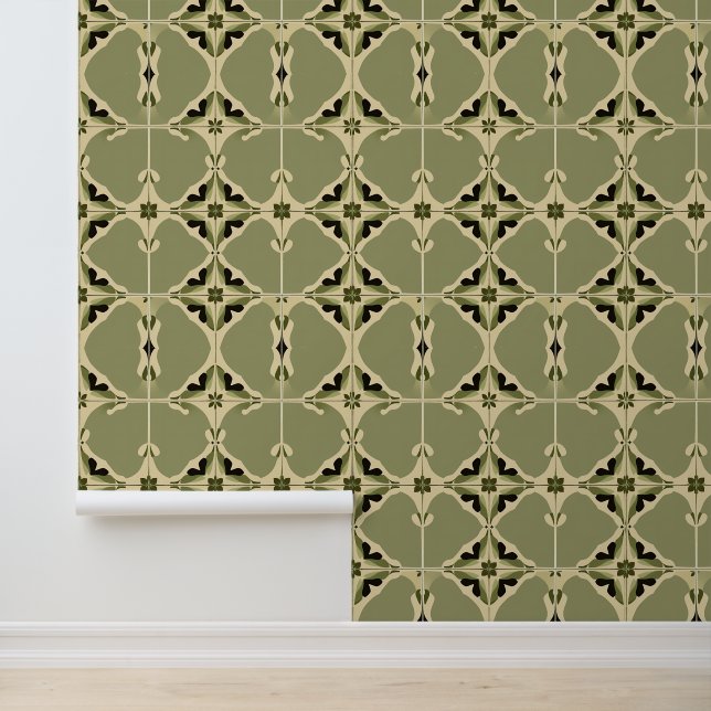 Verdant Vintage: Art Nouveau Tile Revival Pattern Wallpaper (Application)