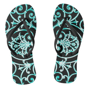 Verdigris and black scrollwork pattern thongs
