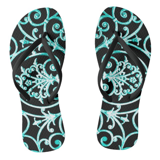 Verdigris and black scrollwork pattern thongs (Footbed)