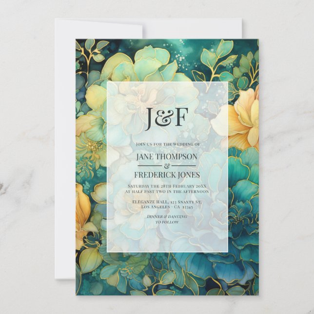 Verdigris and Gold Floral Wedding Monogram Invitation (Front)