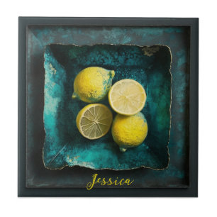 Verdigris and Lemons on a Square Plate Ceramic Tile