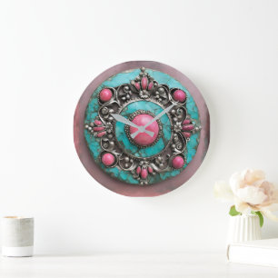 Verdigris and pink pearl metal art large clock