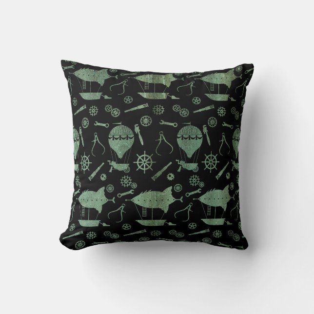 Verdigris Bronze Steampunk Airships Theme Cushion (Front)