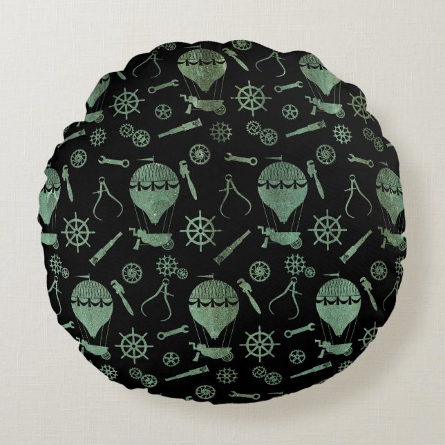 Verdigris Bronze Steampunk Balloon Theme Round Cushion