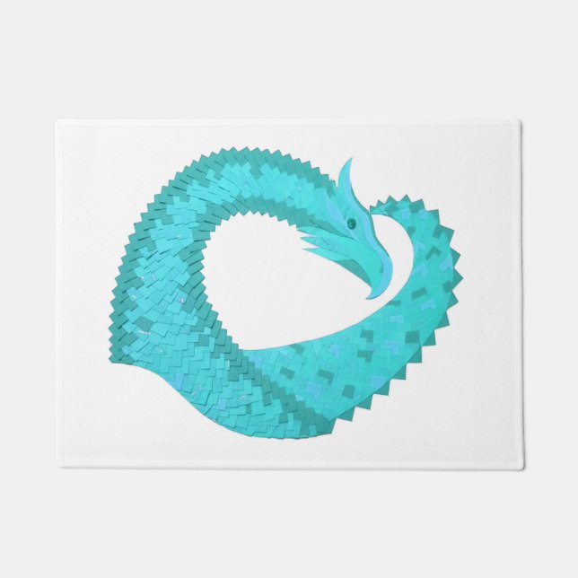 Verdigris heart dragon on white doormat (Front)