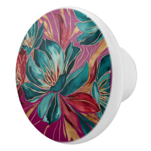 Verdigris Ruby Florals with Metallic Gold Tou Ceramic Knob