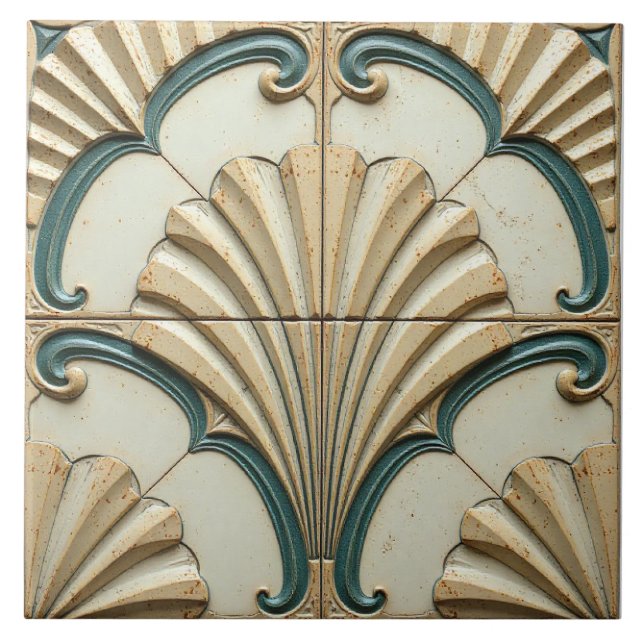 Verdigris Shell Motif Ceramic Tile (Front)