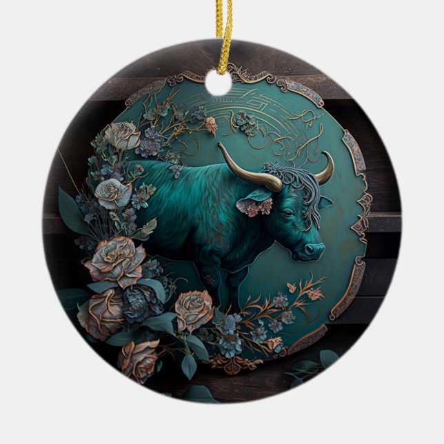 Verdigris Zodiac Taurus Metal Art Ceramic Ornament (Front)