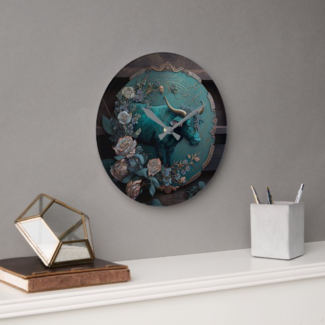 Verdigris Zodiac Taurus Metal Art Large Clock (Office)