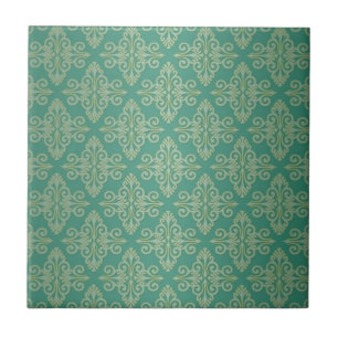 Veridian Green Damask Pattern Ceramic Tile