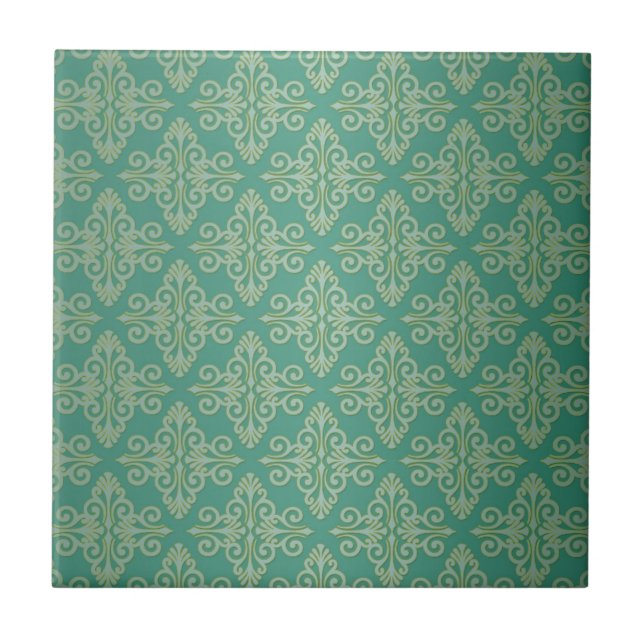 Veridian Green Damask Pattern Ceramic Tile (Front)