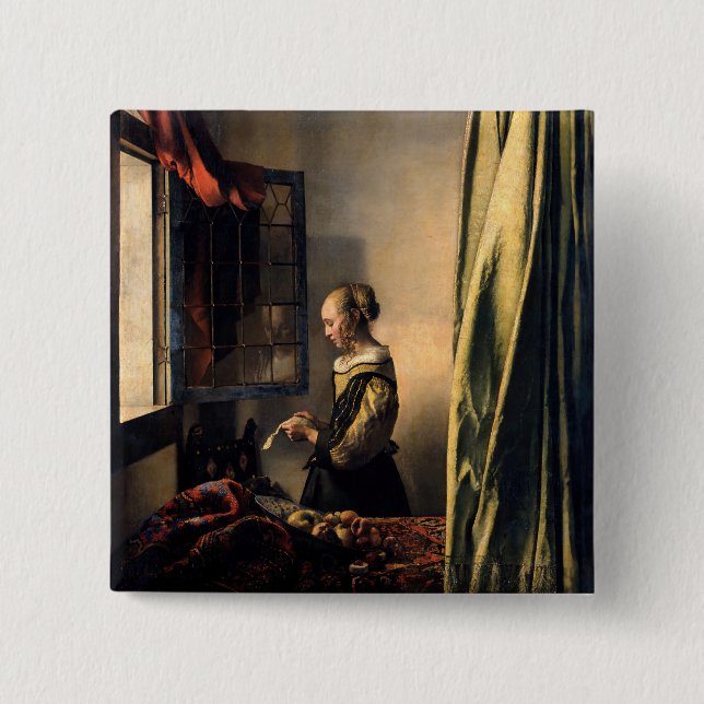 Vermeer - Girl Reading a Letter at an Open Window 15 Cm Square Badge (Front)