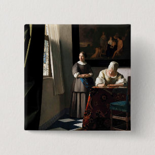 Vermeer - Lady Writing a Letter with her Maid 15 Cm Square Badge