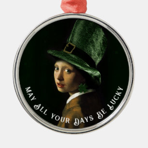 Vermeer Pearl Earring Clover St Patrick's Day Metal Ornament