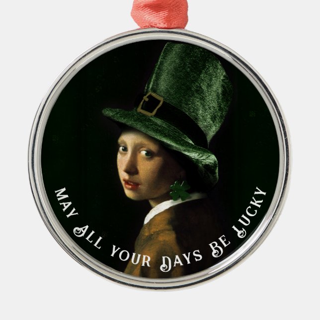 Vermeer Pearl Earring Clover St Patrick's Day Metal Ornament (Front)