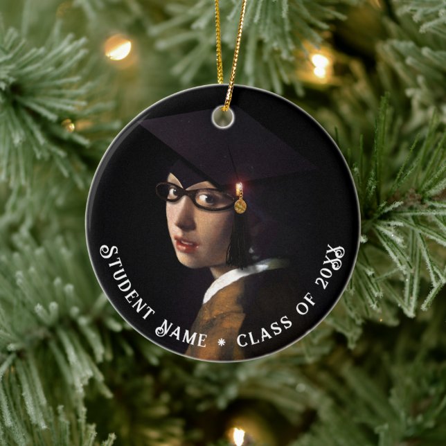 Vermeer Pearl Earring  Graduation Grad Cap Ceramic Ornament (Tree)