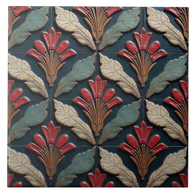 Vermilion and Verdigris Garden Ceramic Tile (Front)