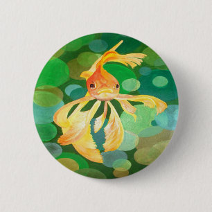 Vermilion Goldfish Swimming In Green Bubbles 6 Cm Round Badge