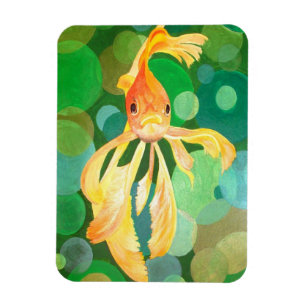 Vermilion Goldfish Swimming In Green Bubbles Magnet
