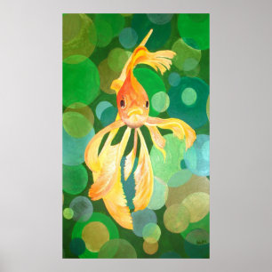 Vermilion Goldfish Swimming In Green Bubbles Poster