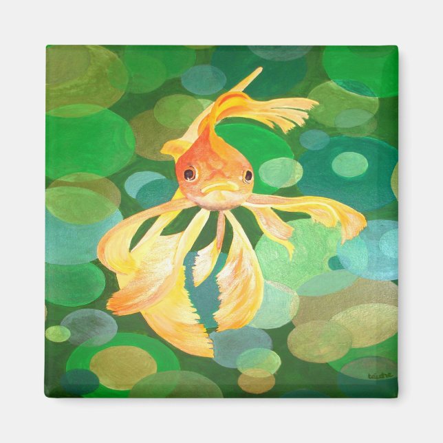 Vermilion Goldfish Swimming In Green Sea of Bubble Magnet (Front)