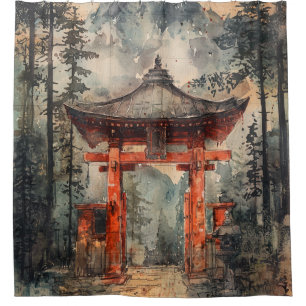 Vermilion Mountain Gate Ink Wash Shower Curtain