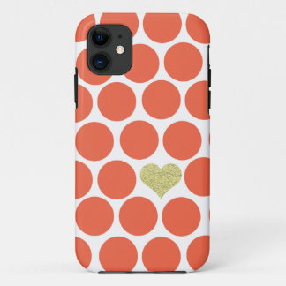 Vermillion Orange Polka Dots Glitter Heart iPhone 11 Case