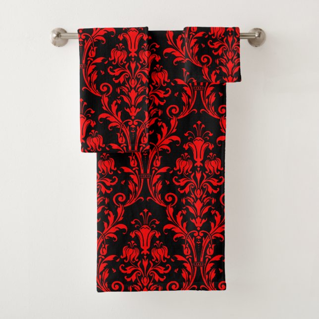 Vermillion Red Floral Damask On Black Bath Towel Set (Insitu)