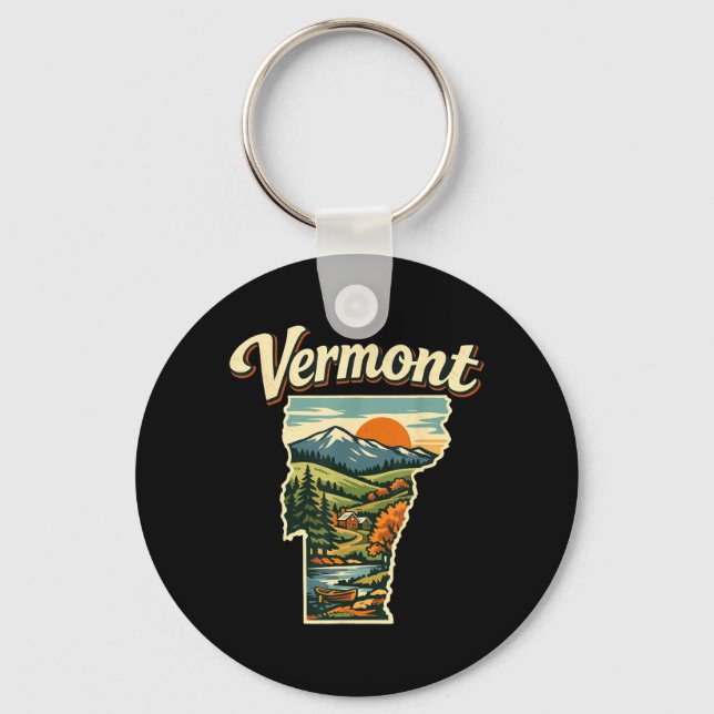 Vermont State Sunset Mountain Camping Lake Scene Key Ring (Front)