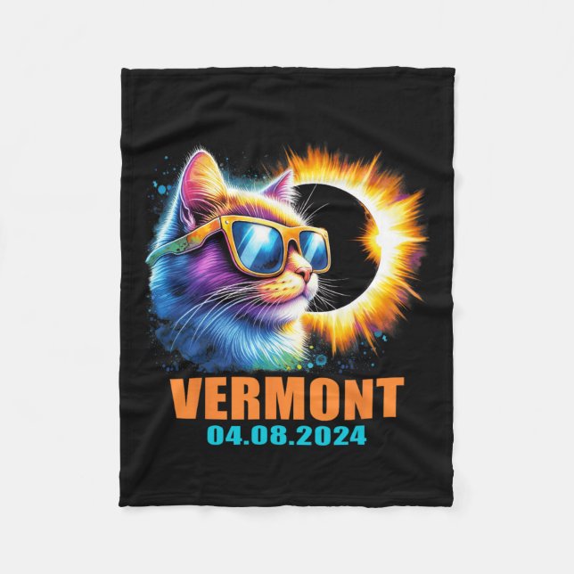 Vermont Total Solar Eclipse 2024 Cat Solar Eclipse Fleece Blanket (Front)