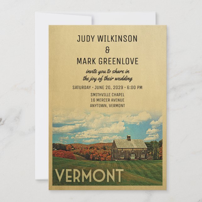 Vermont Wedding Invitation Vintage Mid-Century (Front)