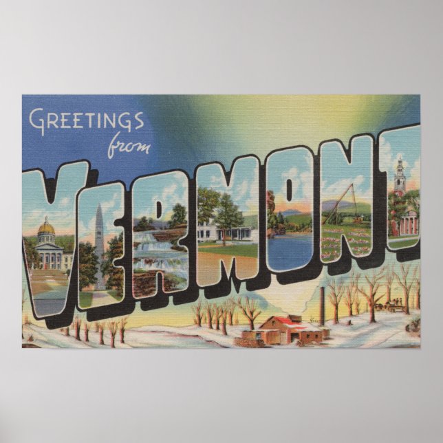 Vermont (Winter Scene) - Large Letter Scenes Poster (Front)