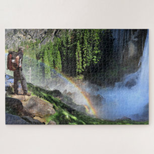 Vernal Fall Hiker and Rainbow Detail - Yosemite Jigsaw Puzzle