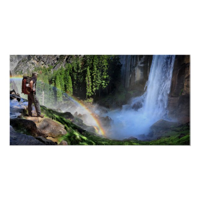 Vernal Fall Hiker and Rainbow Detail - Yosemite Poster (Front)